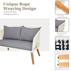 4 Piece Patio Furniture Set White Rope & Grey Cushion Iron Acacia Wood