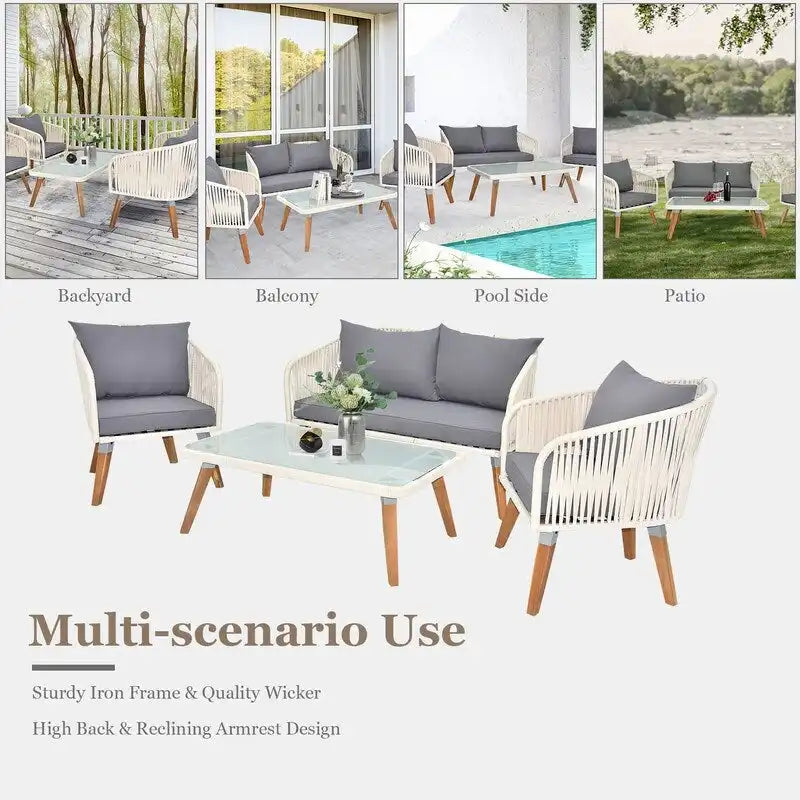 4 Piece Patio Furniture Set White Rope & Grey Cushion Iron Acacia Wood