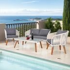 4 Piece Patio Furniture Set White Rope & Grey Cushion Iron Acacia Wood