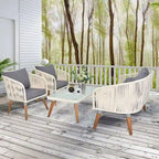 4 Piece Patio Furniture Set White Rope & Grey Cushion Iron Acacia Wood