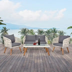 4 Piece Patio Furniture Set White Rope & Grey Cushion Iron Acacia Wood