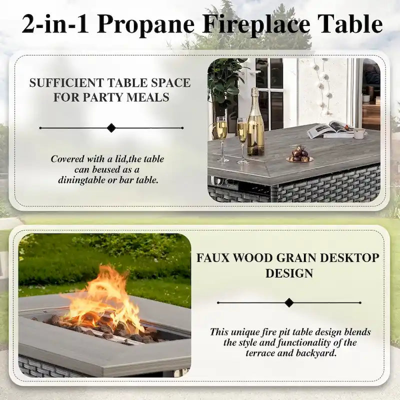 Patio Glider Chair Set with Fire Pit Table - Grey